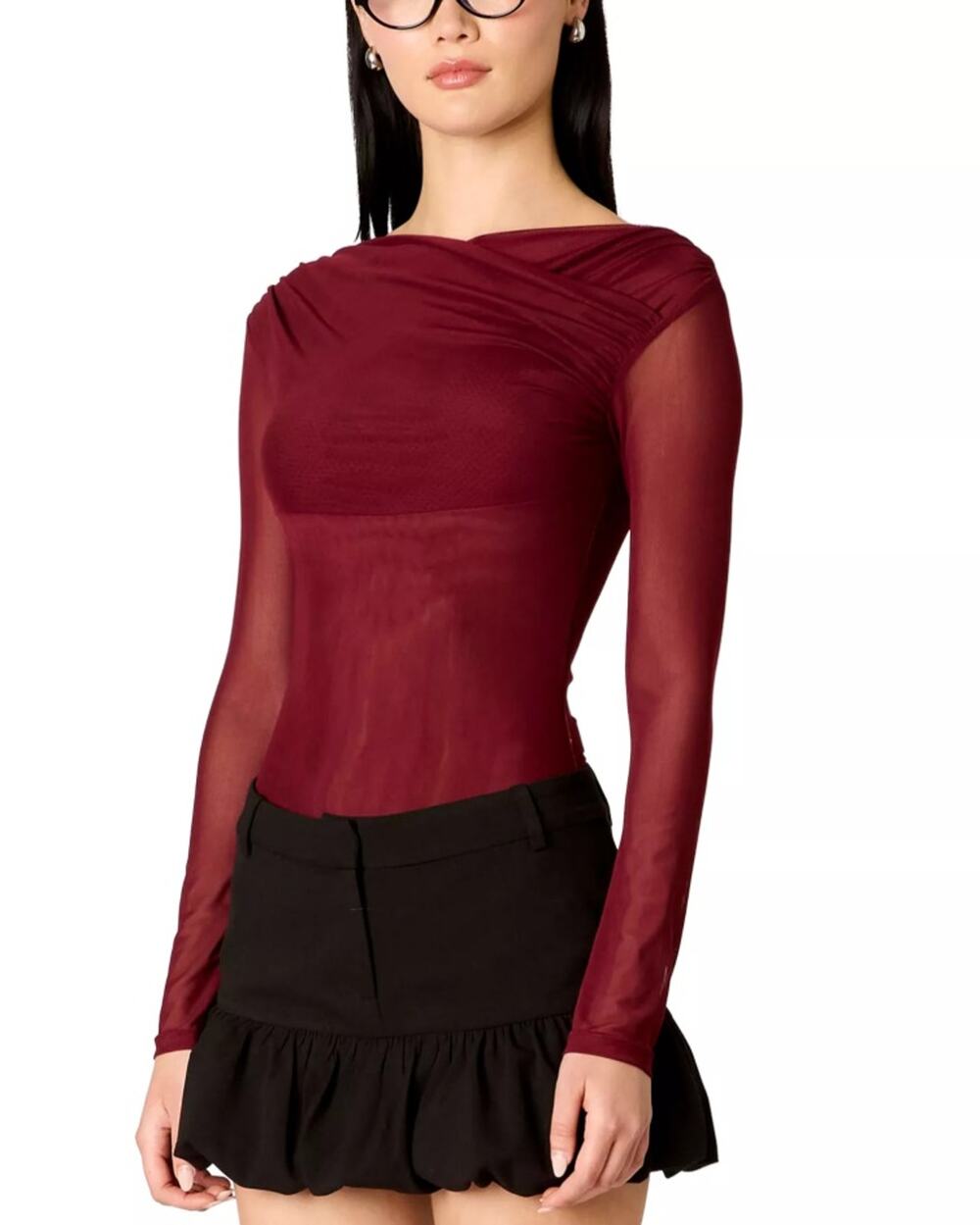 NIA Women Chianti Red Mesh Aria Long Sleeve Crossover Neck Slim Top Size M